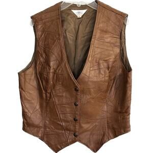 LANCE Western Vest Adult Size L Brown Leather Snap Closure VTG RUNS SMALL